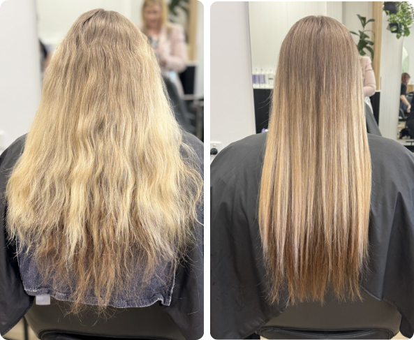 Nanoplasty – before and after treatment showing frizz-free smooth results